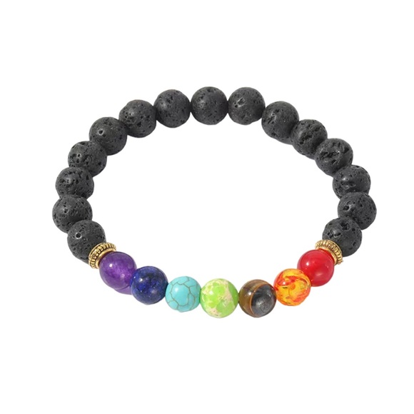 Natural Black Stone with Colorful Chakra Beads Bracelet - Picture 3 of 6